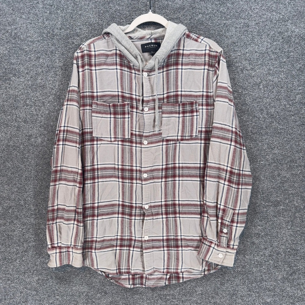 Pacsun Hooded Flannel Shirt Mens Large Gray Burgundy Plaid Layered Skater Casual
